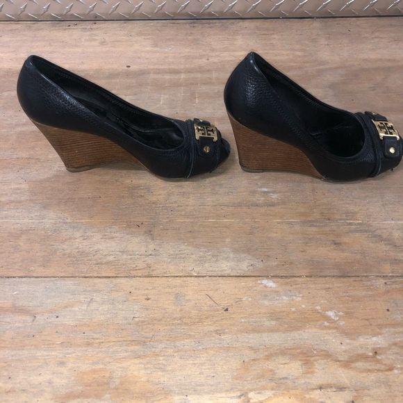 Tory Burch Carnell High Open Toe Wedge Black Heels Size 7, MSRP $295 - Picture 6 of 11